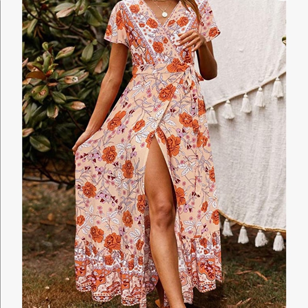 Bohemian Floral Wrap V-Neck Short Sleeve Dress